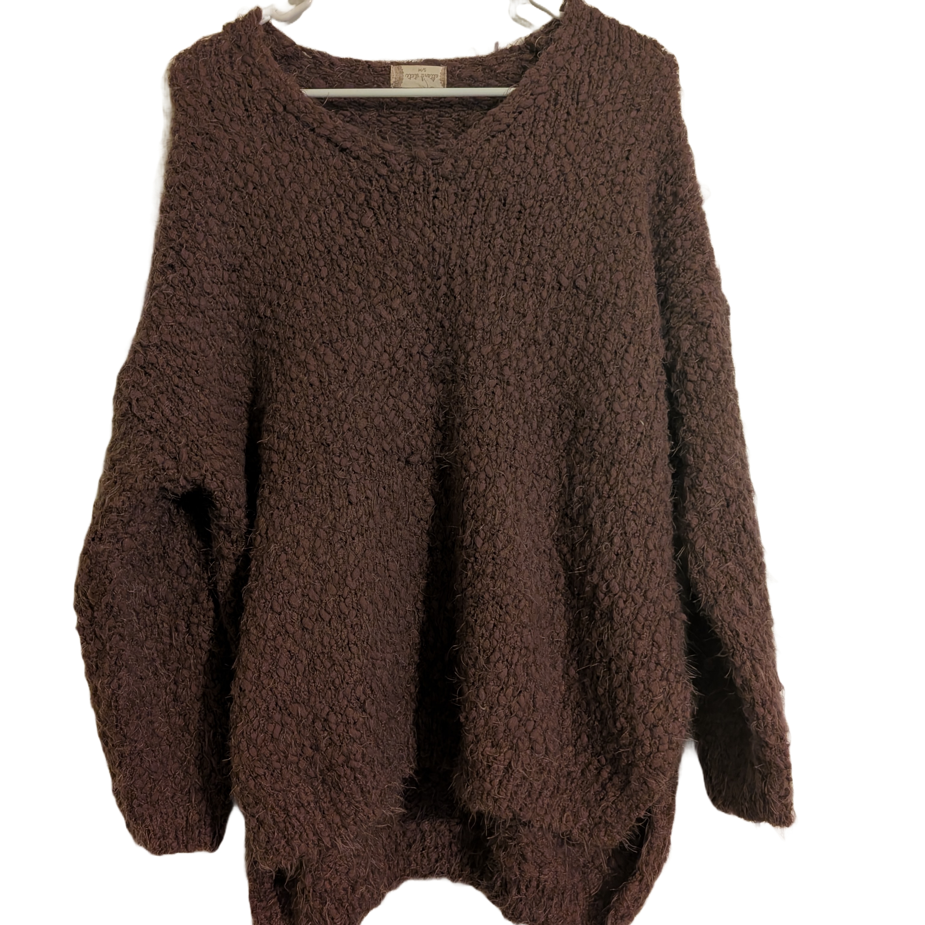 Altar'd State Brown Eyelash V-Neck Sweater Relaxed Fit